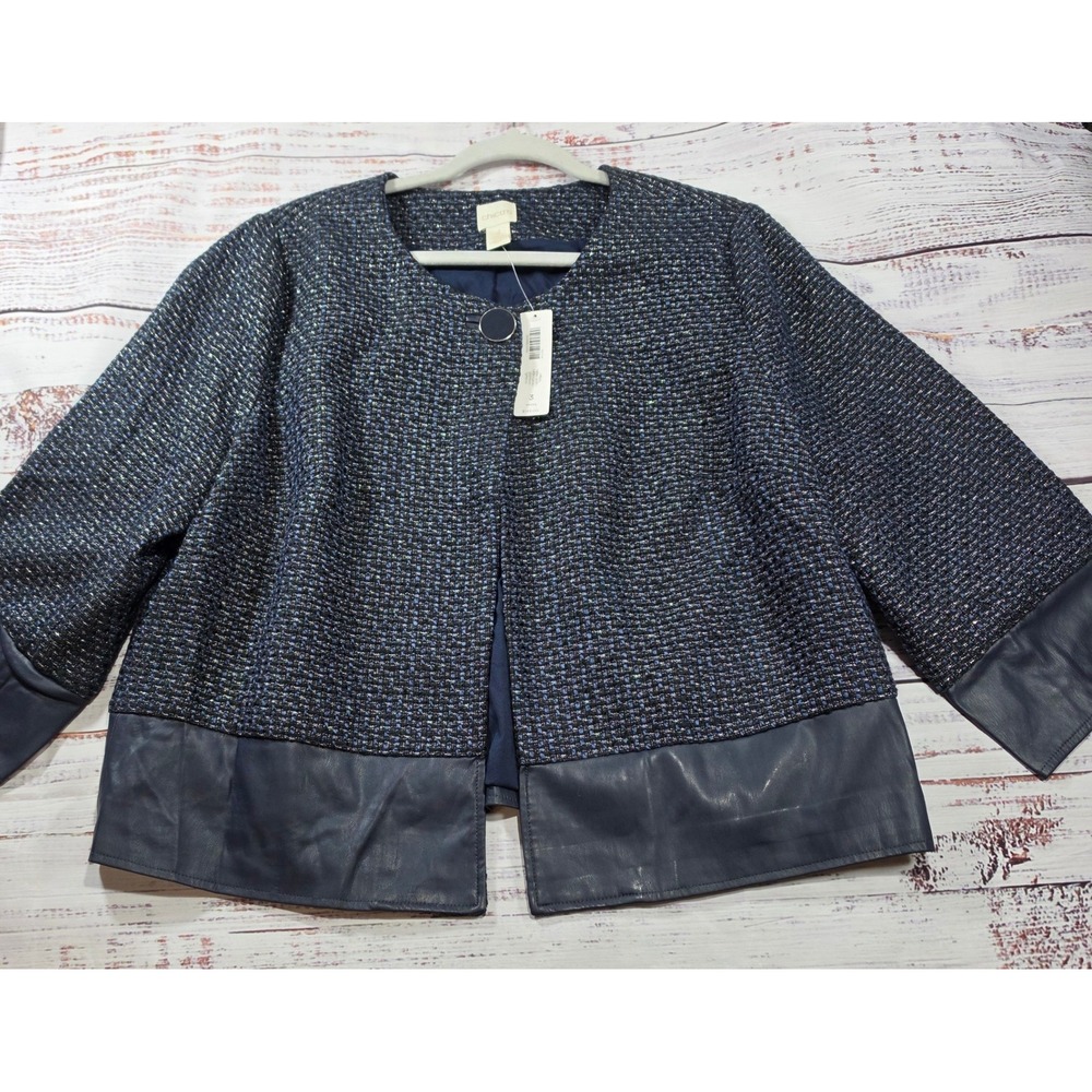 Chico's Tweed Swing Jacket Womens 3 Deep Navy NWT 3/4 Sleeve Faux Leather Trim